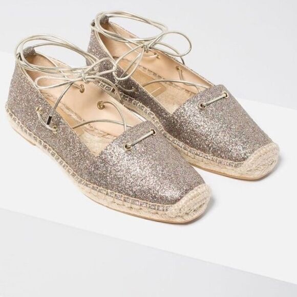 EUC Zara Glitter Tie Front Espadrilles Flats 9 - Picture 1 of 8